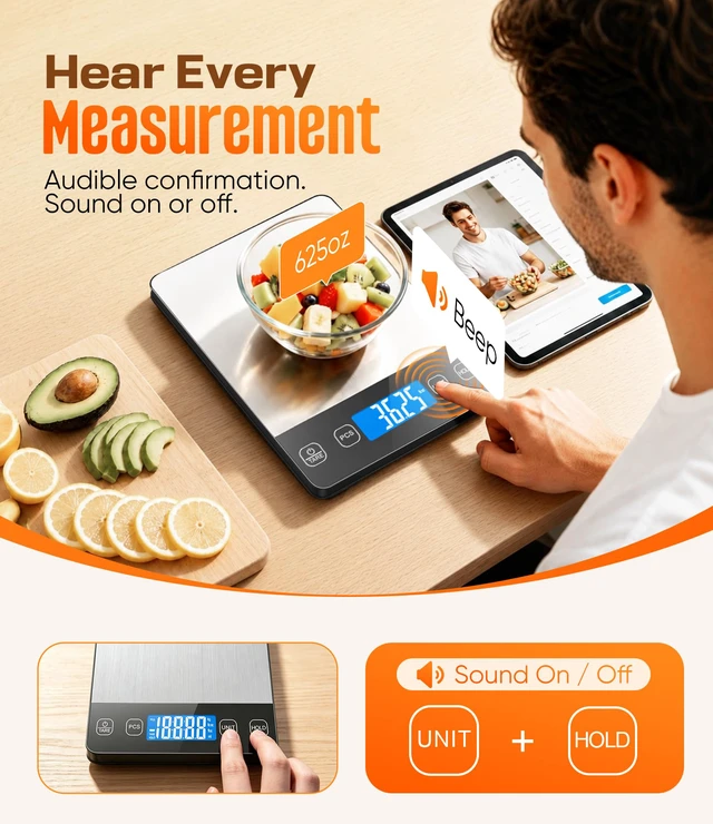 Alt view image 7 of 7 - Food Scale 33 lb Capacity, Rechargeable Kitchen Scale with 7 Units | Digital Scale with Hold Function, One-Touch Tare, USB-C, AAA Battery Backup, PCS Counting