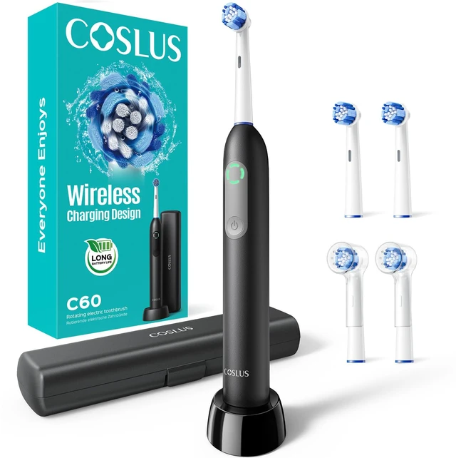 Main image of C60 Rechargeable Rotating Electric Toothbrush for Adults Deep Clean | Portable Spinning Tooth brush with Travel Case, Cordless Charging & Long Battery Life, Smart Pressure Sensor, Family, Black