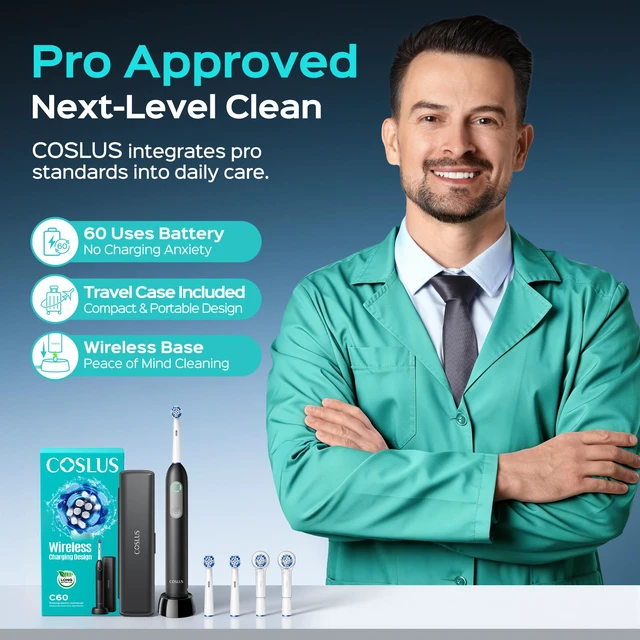 Alt view image 2 of 7 - C60 Rechargeable Rotating Electric Toothbrush for Adults Deep Clean | Portable Spinning Tooth brush with Travel Case, Cordless Charging & Long Battery Life, Smart Pressure Sensor, Family, Black