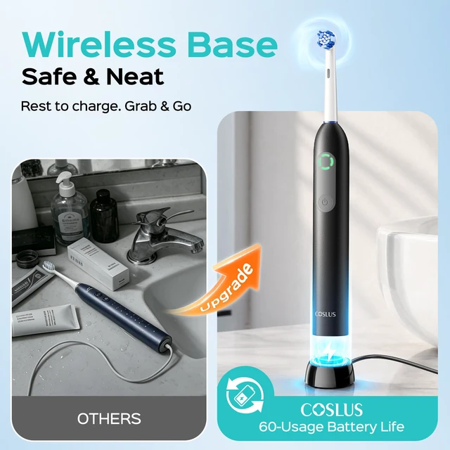 Alt view image 4 of 7 - C60 Rechargeable Rotating Electric Toothbrush for Adults Deep Clean | Portable Spinning Tooth brush with Travel Case, Cordless Charging & Long Battery Life, Smart Pressure Sensor, Family, Black