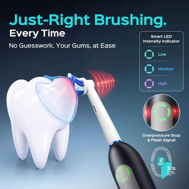 Alt view image 7 of 7 - C60 Rechargeable Rotating Electric Toothbrush for Adults Deep Clean | Portable Spinning Tooth brush with Travel Case, Cordless Charging & Long Battery Life, Smart Pressure Sensor, Family, Black