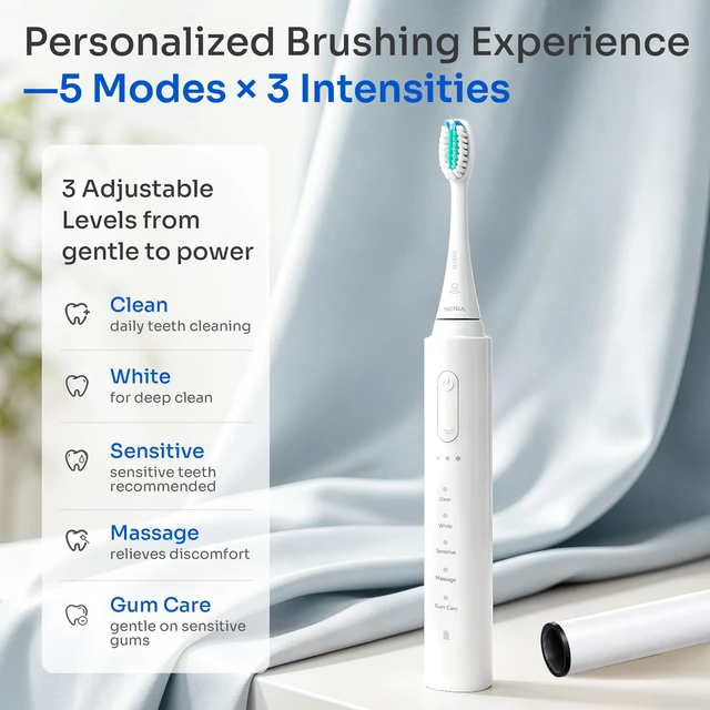 Alt view image 3 of 7 - Sonic Electric Toothbrush for Adults, Rechargeable Travel | Protective Cover,5 Modes &3 Intensities,60-Day Battery Life,Magnetic Wall Mount,Smart Timer,USB-C Charging,IPX7 Waterproof