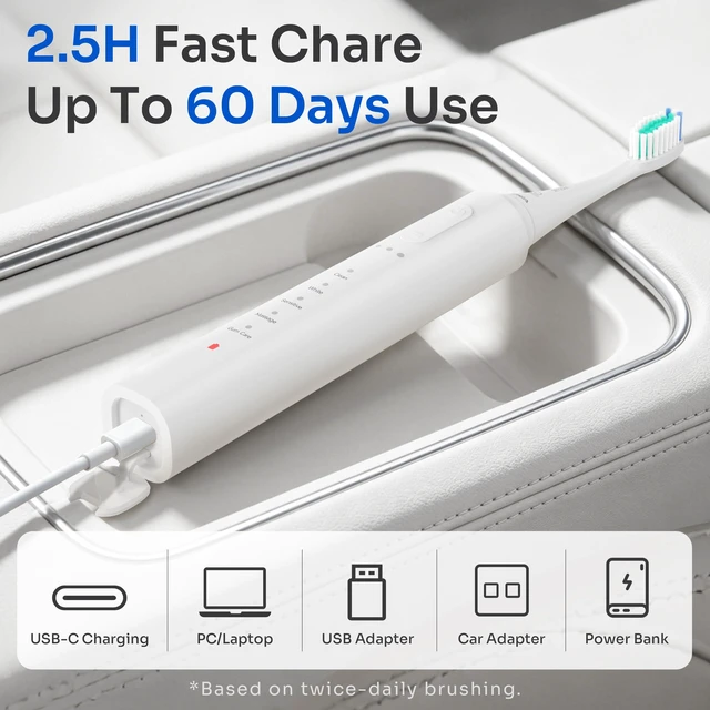 Alt view image 6 of 7 - Sonic Electric Toothbrush for Adults, Rechargeable Travel | Protective Cover,5 Modes &3 Intensities,60-Day Battery Life,Magnetic Wall Mount,Smart Timer,USB-C Charging,IPX7 Waterproof