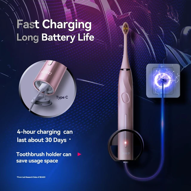 Alt view image 6 of 7 - Electric Toothbrush with Pressure Sensor for Adults, 8 Heads | 40,000 strokes/min, 5 modes and 2-minute timer; includes travel case, wall holder and Type-C cable; up to 30-day battery.