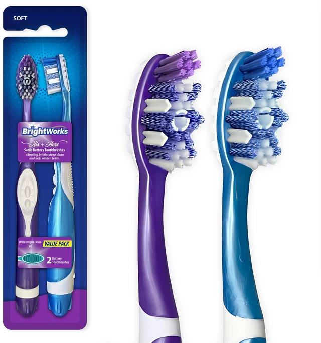 Main image of Sonic Battery Powered Toothbrush (2-Pack) (Blue/Purple) | Soft Multi-Level Bristles for Whole Mouth, Vibrating Bristles Deep Clean, with Whitening Pads and Tongue Cleaner