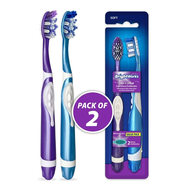 Alt view image 2 of 7 - Sonic Battery Powered Toothbrush (2-Pack) (Blue/Purple) | Soft Multi-Level Bristles for Whole Mouth, Vibrating Bristles Deep Clean, with Whitening Pads and Tongue Cleaner
