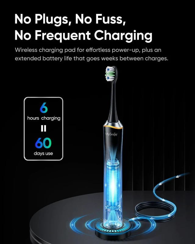 Alt view image 6 of 7 - MS-D59 Button-Free Pressure Sensor Electric Toothbrush for Adults | Rechargeable Sonic Tooth Brushes Travel w/ Visual Light, 3 Heads & a Charging Pad, Plaque Removal & Gum Care, Glacier Noir