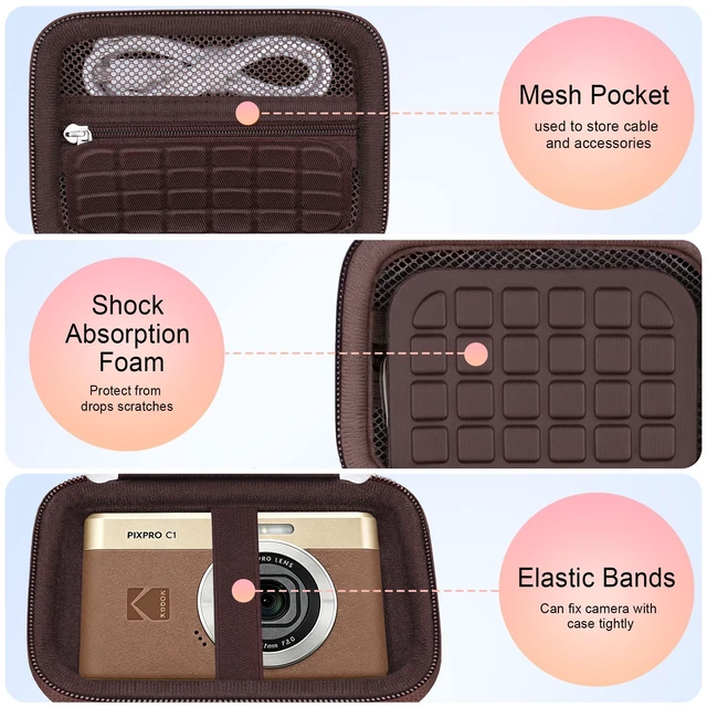 Alt view image 3 of 7 - Camera Carrying Case for KODAK PIXPRO C1 Digital Camera, Brown | KODAK PIXPRO C1 Compact Digital Camera Hard Bag, with Mesh Pocket Wrist Strap Zipper, for Vlogging Travel Protective Storage