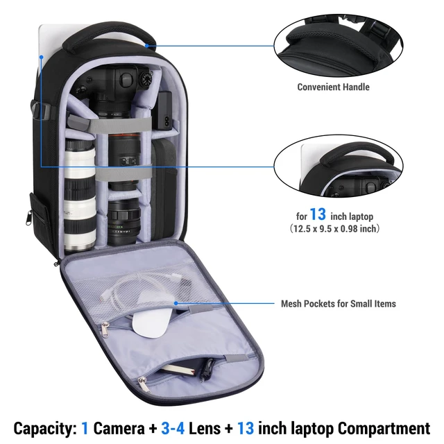 Alt view image 2 of 7 - Camera Backpack, DSLR/SLR/Mirrorless Photography Camera Bag | Waterproof Hardshell Bag with Insert&Tripod Holder&Laptop Compartment Compatible with Canon/Nikon/Sony, Black