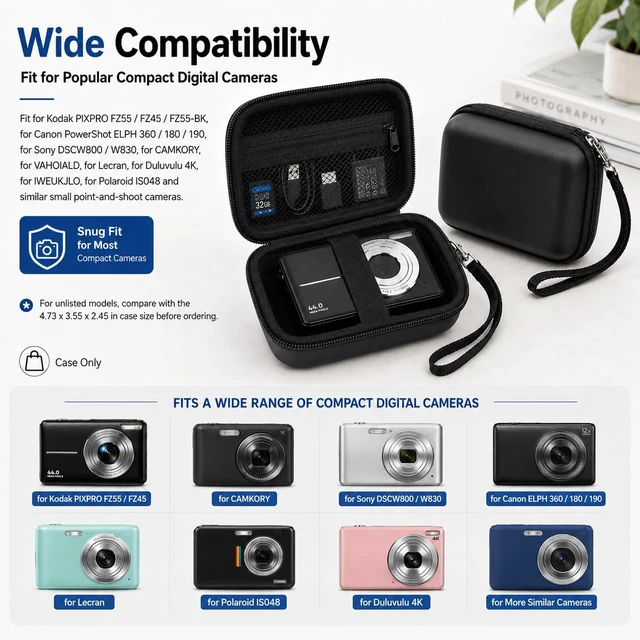 Alt view image 2 of 7 - Digital Camera Case for Kodak PIXPRO FZ55/FZ45/for CAMKORY | for Duluvulu 4K,for Canon PowerShot ELPH,forVAHOIALD,for Sony,for Lecran,for VAHOIALD,Holds Cable,Cards, Case only Fullblack
