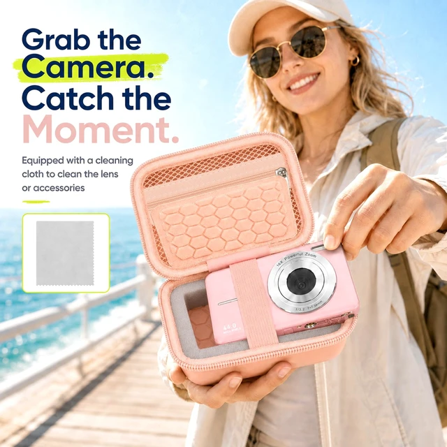 Alt view image 7 of 7 - Camera Case for Kodak PIXPRO FZ55/FZ45/ for CAMKORY, Tiffany Pink | Hard EVA Shell, Padded Divider and 2 SD Card Slots Organize a Compact Camera, Charger and Cable for Travel. Case Only.