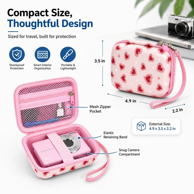 Alt view image 4 of 7 - Digital Camera Case for KODAK PIXPRO FZ55/FZ45, for CAMKORY, for Canon PowerShot ELPH 180/190/360,for Sony DSCW800/W830, Hard EVA Compact Camera Bag with Mesh Pocket,Wrist Strap,Case Only(Light Pink)