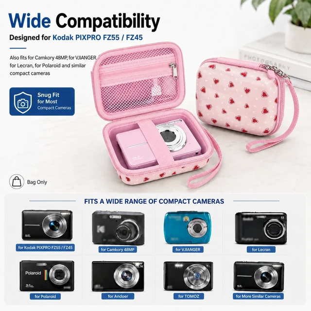 Alt view image 2 of 7 - Digital Camera Case for KODAK PIXPRO FZ55/FZ45, for CAMKORY, for Canon PowerShot ELPH 180/190/360,for Sony DSCW800/W830, Hard EVA Compact Camera Bag with Mesh Pocket,Wrist Strap,Case Only(Light Pink)