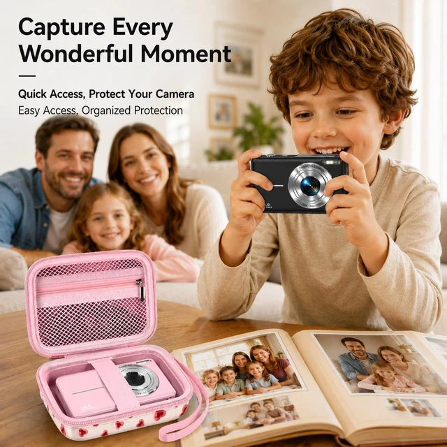 Alt view image 7 of 7 - Digital Camera Case for KODAK PIXPRO FZ55/FZ45, for CAMKORY, for Canon PowerShot ELPH 180/190/360,for Sony DSCW800/W830, Hard EVA Compact Camera Bag with Mesh Pocket,Wrist Strap,Case Only(Light Pink)