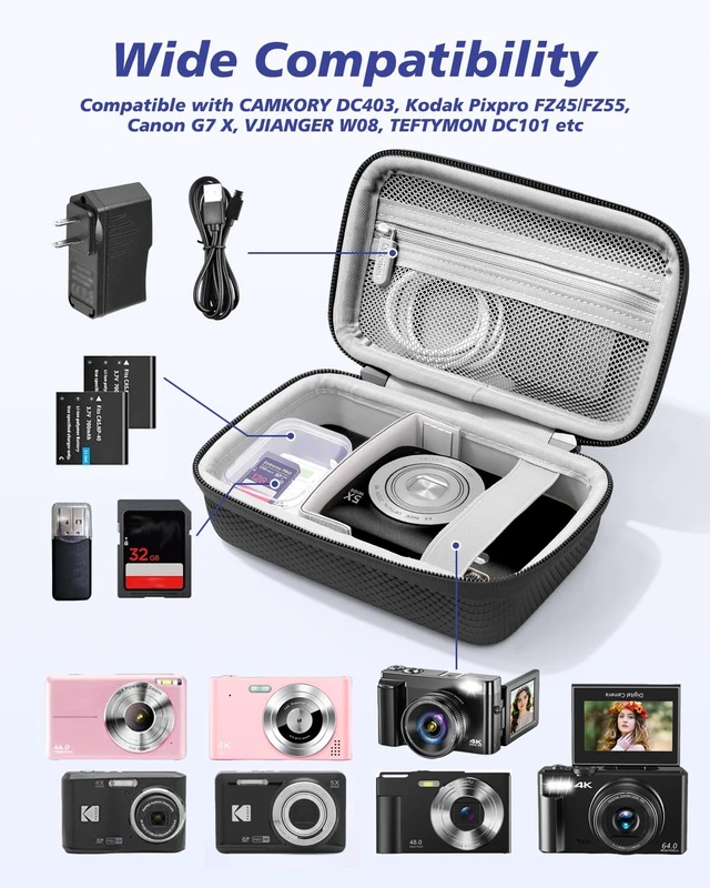 Alt view image 3 of 7 - Hard Camera Travel Case for Kodak Pixpro FZ55/F45 Digital Camera | Double Zipper Compact Camera Case, Travel Carrying Case with Mesh Pocket Wrist Strap, for Vlogging, Protective Storage