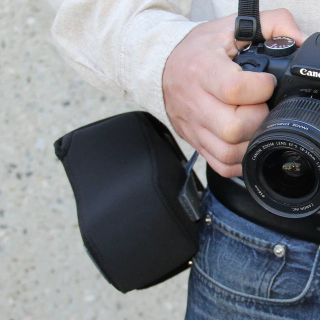Alt view image 5 of 7 - Camera Sleeve (Medium) for Compact SLRs Compatible with Canon EOS R100 Nikon Z30 Sony ZV-E10, and more - Padded Neoprene DSLR Case with Zipper Accessory Pocket & Belt Loop (Black)