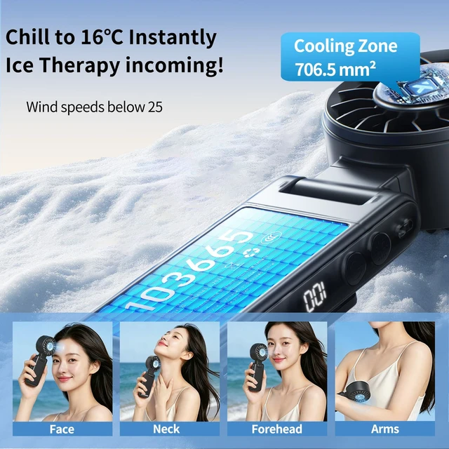 Alt view image 2 of 7 - Portable Handheld Turbo Fan with Ice Cooling, 8m/s High Speed Turbo Fan, 4-in-1 Hand/Neck/Desk/Waist Fan with Clip for Umbrella, Stroller, Office, Beach, Outdoor, Summer/Travel Essentials