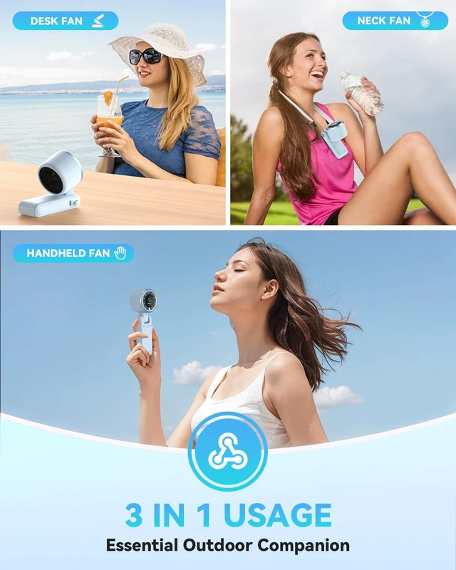 Alt view image 3 of 7 - Portable Handheld Turbo Fan, Travel Essentials, Gifts for Women/Men | 5-Speed, Up to 12H, 10m/s Airflow, USB-C Rechargeable, LED Display, 3-in-1 Foldable Personal Fan for Cruise, Beach, Vacation