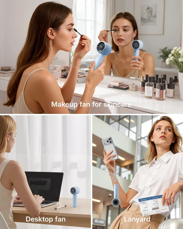 Alt view image 6 of 6 - Portable Handheld Fan, Mini Rechargeable Personal Hand Fan | Strong Airflow, Up to 12H, Pocket-Sized, 5 Speeds, Quiet Cooling Travel Essentials, Cute Gifts for Women, Girls, Lash, Makeup