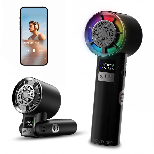 Main image of Handheld Turbo Fan with Bluetooth Speaker, 13m/s Airflow, 30000RPM | 5000mAh Rechargeable Up to 18H,ACLevel Cooling Wind,Hi-Fi Sound,100 Adjustable Speed,LED Display,RGB & Foldable Design