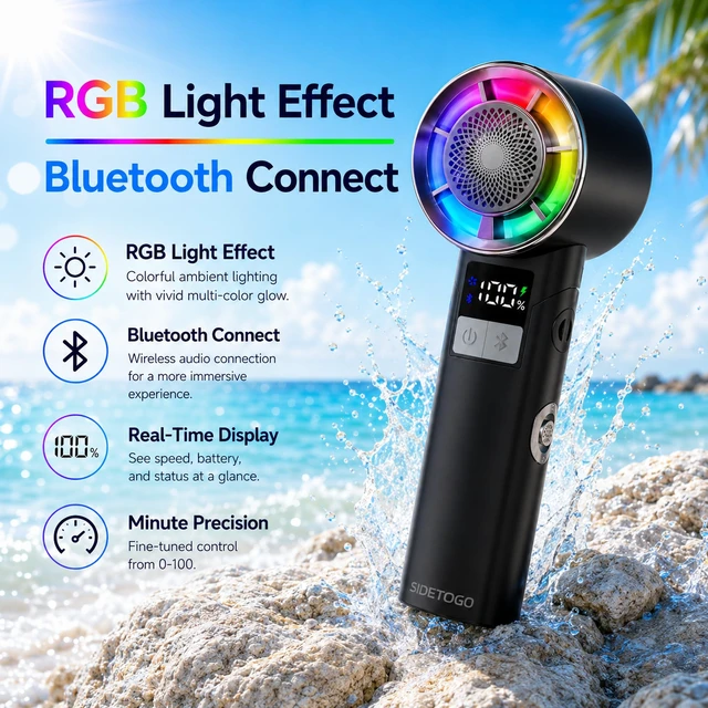 Alt view image 5 of 7 - Handheld Turbo Fan with Bluetooth Speaker, 13m/s Airflow, 30000RPM | 5000mAh Rechargeable Up to 18H,ACLevel Cooling Wind,Hi-Fi Sound,100 Adjustable Speed,LED Display,RGB & Foldable Design