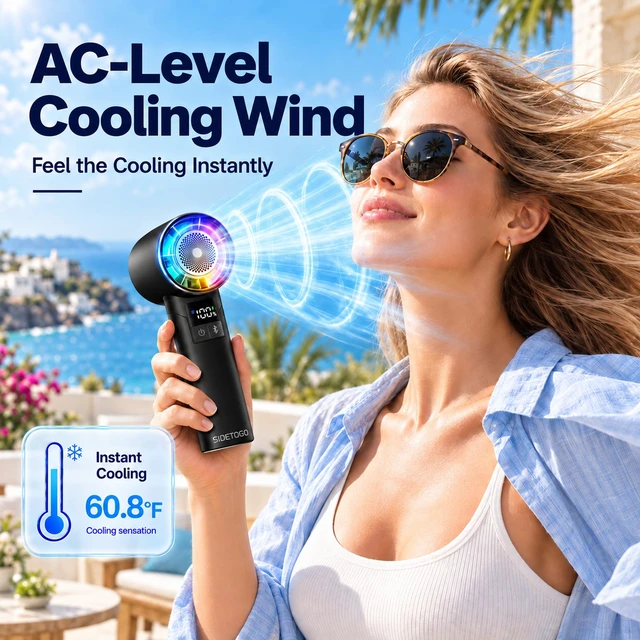 Alt view image 6 of 7 - Handheld Turbo Fan with Bluetooth Speaker, 13m/s Airflow, 30000RPM | 5000mAh Rechargeable Up to 18H,ACLevel Cooling Wind,Hi-Fi Sound,100 Adjustable Speed,LED Display,RGB & Foldable Design