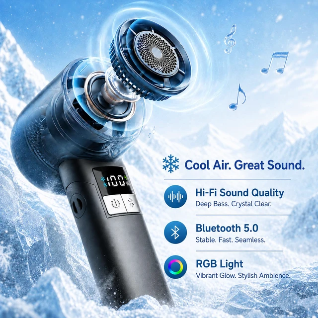 Alt view image 3 of 7 - Handheld Turbo Fan with Bluetooth Speaker, 13m/s Airflow, 30000RPM | 5000mAh Rechargeable Up to 18H,ACLevel Cooling Wind,Hi-Fi Sound,100 Adjustable Speed,LED Display,RGB & Foldable Design