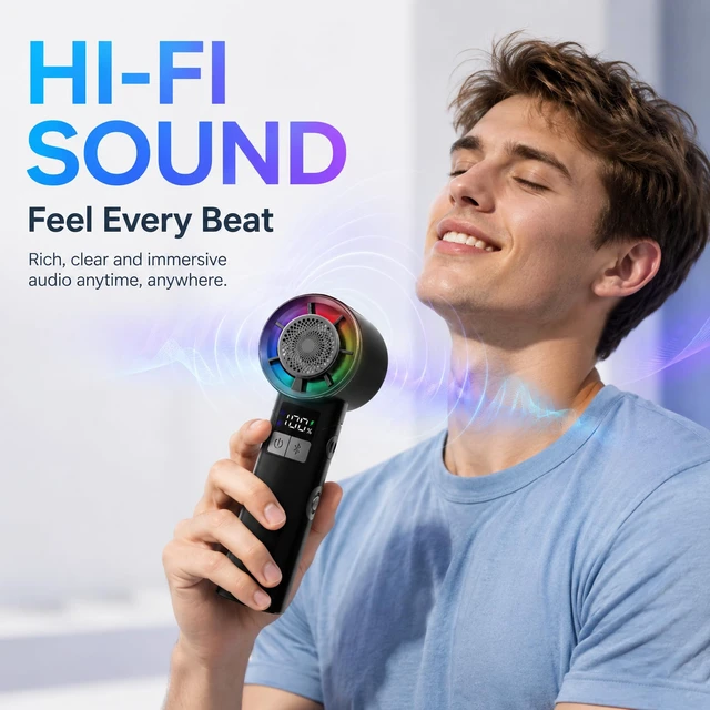 Alt view image 7 of 7 - Handheld Turbo Fan with Bluetooth Speaker, 13m/s Airflow, 30000RPM | 5000mAh Rechargeable Up to 18H,ACLevel Cooling Wind,Hi-Fi Sound,100 Adjustable Speed,LED Display,RGB & Foldable Design