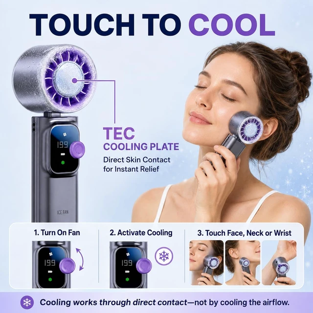 Alt view image 3 of 7 - Portable Handheld Fan with Ice Cooling Personal Rechargeable Mini Neck Fan | 199-Speed 20000RPM 4000mAh Battery Powered up to 15hrs, LED Display Foldable & Hangable for Travel, Camping & Outdoor