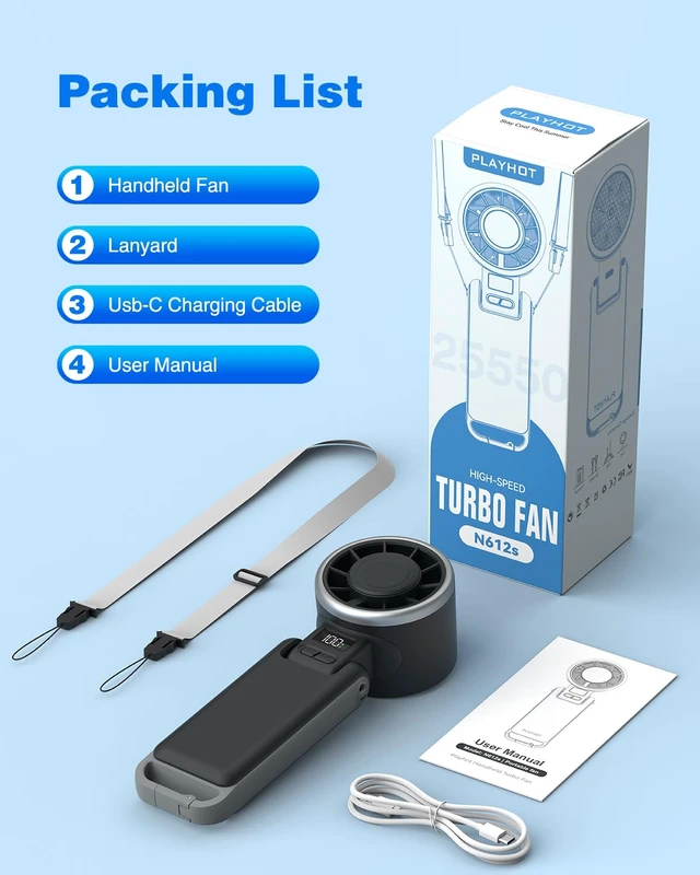 Alt view image 7 of 7 - Portable Handheld Turbo Fan, Travel Essentials, Gifts for Women/Men | 100 Speeds, 12H Max, 10m/s Airflow, USB-C Rechargeable, LED Display, 3-in-1 Foldable Personal Fan for Cruise, Beach, Vacation