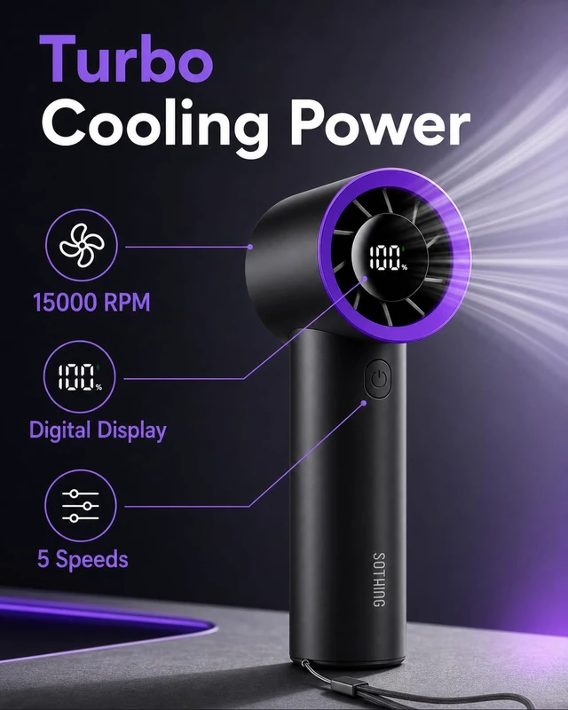 Alt view image 3 of 7 - Handheld Turbo Fan with 15,000 RPM | 5 Adjustable Speeds, Up to 11 Hrs Runtime, Clear LED Display, 155g Lightweight, USB-C Rechargeable