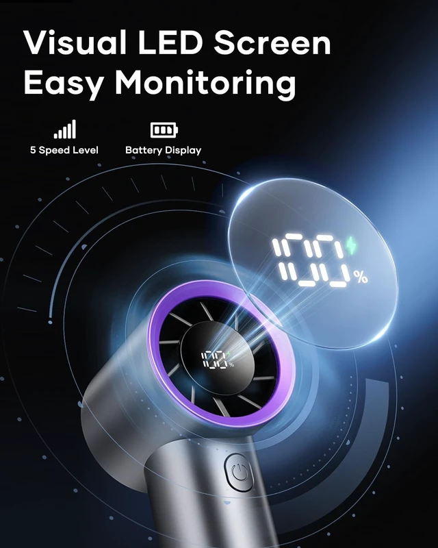 Alt view image 7 of 7 - Handheld Turbo Fan with 15,000 RPM | 5 Adjustable Speeds, Up to 11 Hrs Runtime, Clear LED Display, 155g Lightweight, USB-C Rechargeable