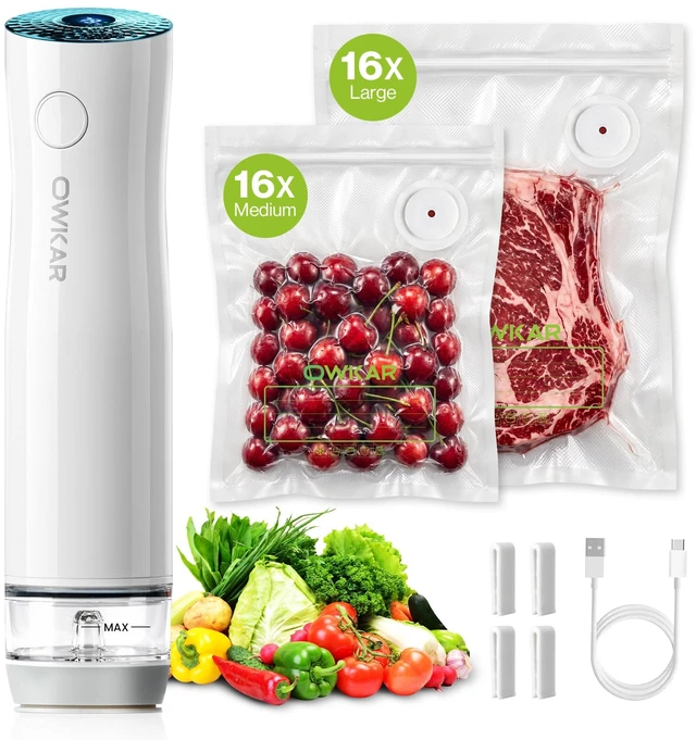 Main image of Portable Handheld Vacuum Sealer for Food with 32 Reusable Bags, Compact & Powerful Food Vacuum Sealer with Visible Liquid Tank, Digital Display and 6X Freshness Lock for Meal Prep & Storage