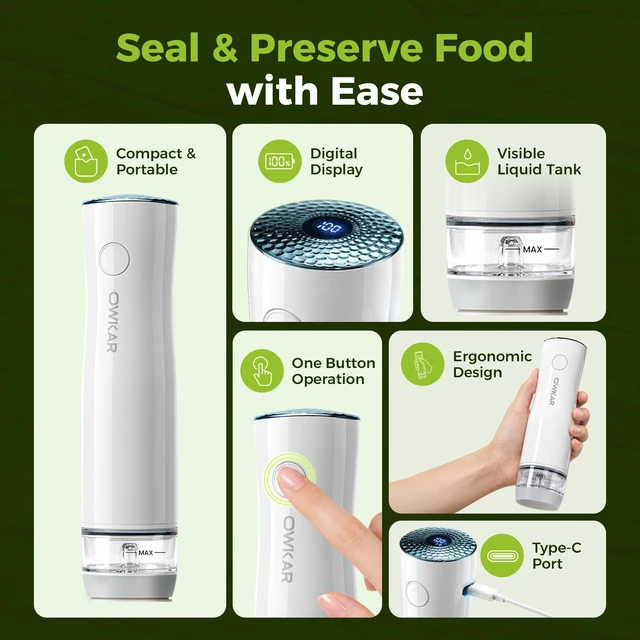 Alt view image 2 of 7 - Portable Handheld Vacuum Sealer for Food with 32 Reusable Bags, Compact & Powerful Food Vacuum Sealer with Visible Liquid Tank, Digital Display and 6X Freshness Lock for Meal Prep & Storage