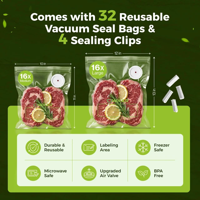 Alt view image 3 of 7 - Portable Handheld Vacuum Sealer for Food with 32 Reusable Bags, Compact & Powerful Food Vacuum Sealer with Visible Liquid Tank, Digital Display and 6X Freshness Lock for Meal Prep & Storage