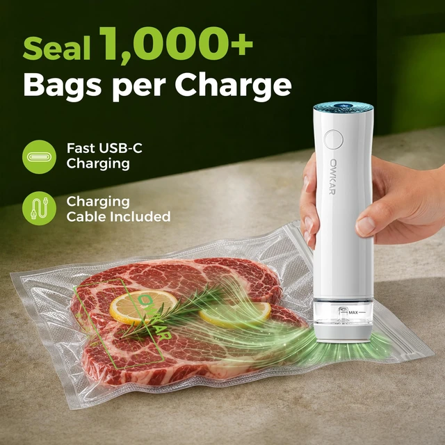 Alt view image 5 of 7 - Portable Handheld Vacuum Sealer for Food with 32 Reusable Bags, Compact & Powerful Food Vacuum Sealer with Visible Liquid Tank, Digital Display and 6X Freshness Lock for Meal Prep & Storage
