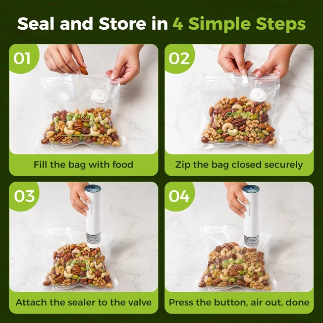 Alt view image 7 of 7 - Portable Handheld Vacuum Sealer for Food with 32 Reusable Bags, Compact & Powerful Food Vacuum Sealer with Visible Liquid Tank, Digital Display and 6X Freshness Lock for Meal Prep & Storage