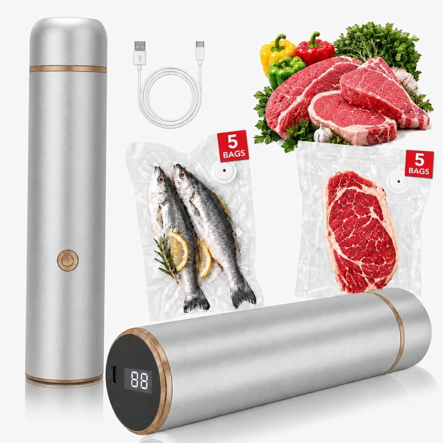 Alt view image 6 of 6 - Powerful Handheld Vacuum Sealer Compact Food Saver Machine with 10 Reusable Bags, Portable Design for Meal Prep, Sous Vide & Long-Term Food Storage (Silver)
