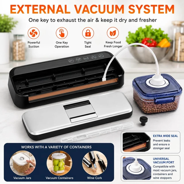 Alt view image 6 of 7 - 85KPa Vacuum Sealer Machine One-Touch Automatic Food Sealer with 15 Bags | Dry/Moist/Seal/Manual/External Vac, 7MM Heating wire, Compact Easy-Clean for Food Storage and Sous Vide