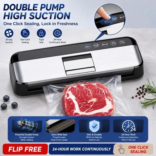 Alt view image 2 of 7 - 85KPa Vacuum Sealer Machine One-Touch Automatic Food Sealer with 15 Bags | Dry/Moist/Seal/Manual/External Vac, 7MM Heating wire, Compact Easy-Clean for Food Storage and Sous Vide