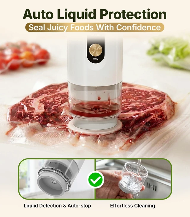 Alt view image 3 of 7 - Handheld Vacuum Sealer for Food, Compact Cordless Sealer, 30 Reusable Bags | Meal Prep for Meat & Vegetables, Freezer Storage & Vacuum-Sealed Freshness, Auto Liquid Protection, Dual-Modes, Safety Lock