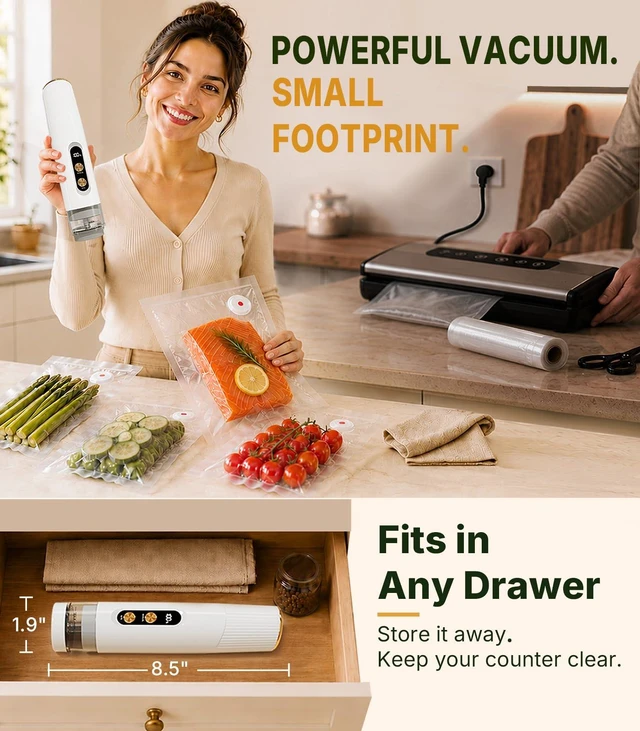 Alt view image 5 of 7 - Handheld Vacuum Sealer for Food, Compact Cordless Sealer, 30 Reusable Bags | Meal Prep for Meat & Vegetables, Freezer Storage & Vacuum-Sealed Freshness, Auto Liquid Protection, Dual-Modes, Safety Lock