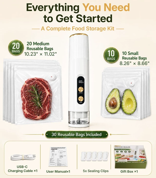 Alt view image 6 of 7 - Handheld Vacuum Sealer for Food, Compact Cordless Sealer, 30 Reusable Bags | Meal Prep for Meat & Vegetables, Freezer Storage & Vacuum-Sealed Freshness, Auto Liquid Protection, Dual-Modes, Safety Lock