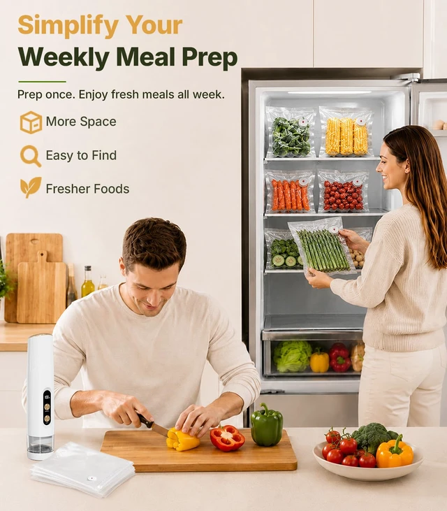 Alt view image 7 of 7 - Handheld Vacuum Sealer for Food, Compact Cordless Sealer, 30 Reusable Bags | Meal Prep for Meat & Vegetables, Freezer Storage & Vacuum-Sealed Freshness, Auto Liquid Protection, Dual-Modes, Safety Lock