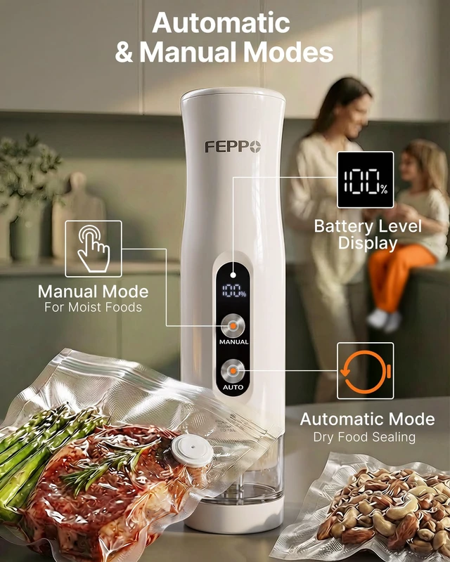 Alt view image 2 of 7 - Powerful Compact Vacuum Sealer for Food with Containers & Bags | (Vacuum Sealer+3 Containers+10 Reusable Bags), Anti-Overflow Portable Handheld Food Sealer, Auto & Manual Modes, Travel Lock