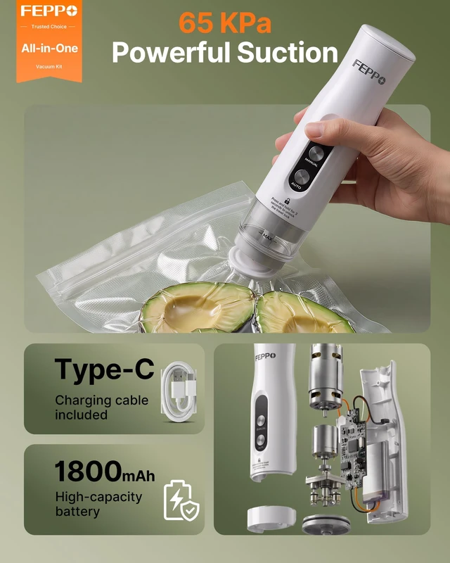 Alt view image 4 of 7 - Powerful Compact Vacuum Sealer for Food with Containers & Bags | (Vacuum Sealer+3 Containers+10 Reusable Bags), Anti-Overflow Portable Handheld Food Sealer, Auto & Manual Modes, Travel Lock