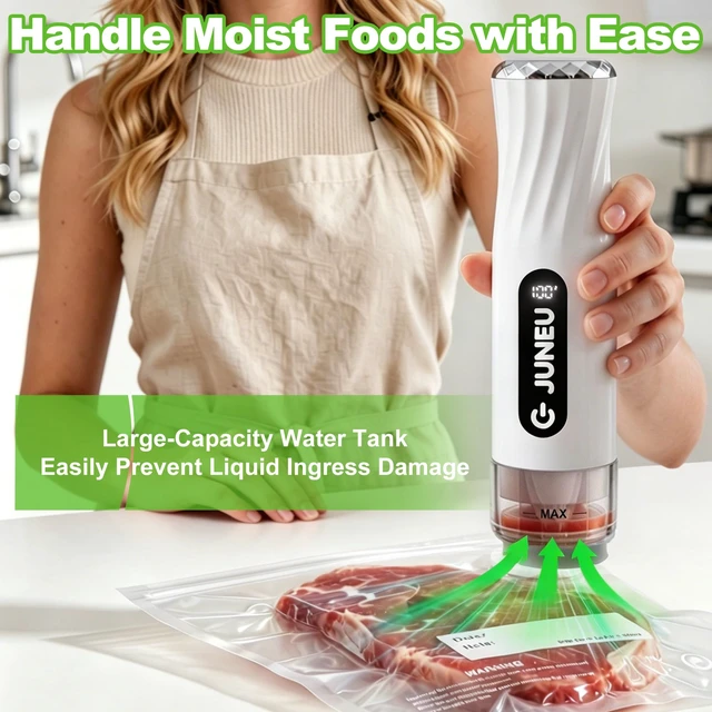 Alt view image 3 of 7 - Handheld Food Vacuum Sealer + 30 Reusable Bags - for Home Kitchen Use | Dry/Moist Food Use, 65kPa Suction Power, Visible Water Tank, Rechargeable 1800mAh Battery, One-Touch Start
