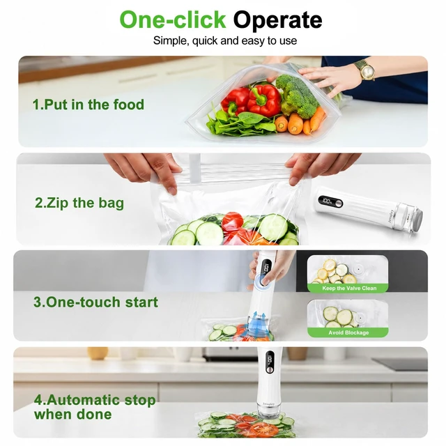 Alt view image 6 of 7 - Vacuum Sealer for Food with LED Display, 80Kpa Handheld Food saver | Compact Vacuum Sealer Machine + 40Vacuum Bags, 2000mAh Portable Food Sealer for Meal Prep, Food Storage,10X Preservation