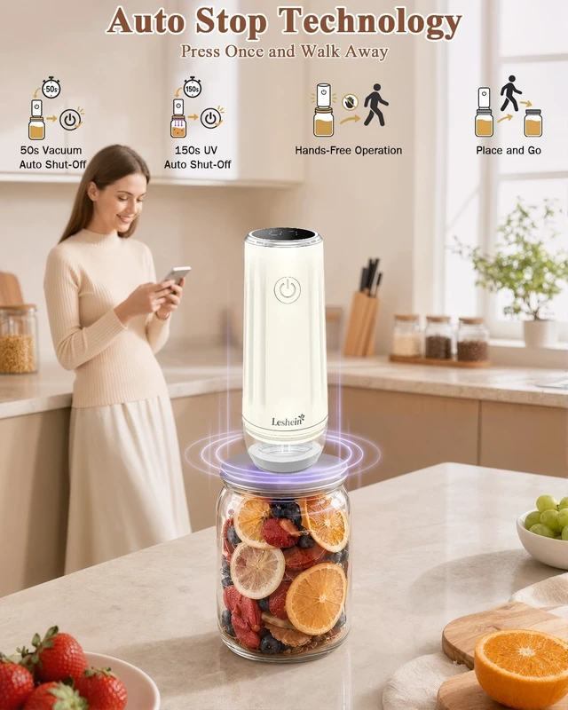 Alt view image 5 of 7 - Compact Vacuum Sealer for Food, Portable Mason Jar Vacuum Sealer | With Bags And Mason Lids, Built-in UV Light, Auto Stop, Quick Sealing Speed, Smart Display, Easy to Clean, Long Lasting