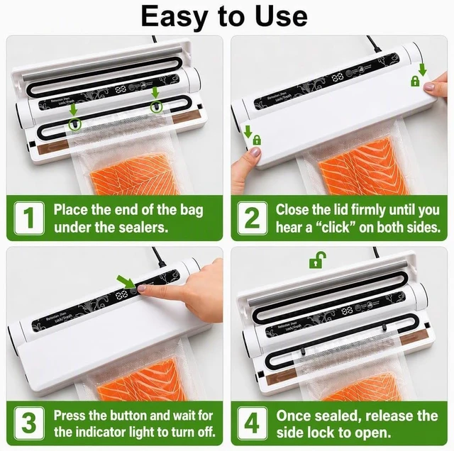 Alt view image 3 of 7 - Compact Vacuum Sealer for Food, 75Kpa Food Sealer Machine | 75 Kpa Strong Suction, LED Display, Dual Use for Dry & Wet Foods, with 20 Bags, Ideal for Home Kitchen, White